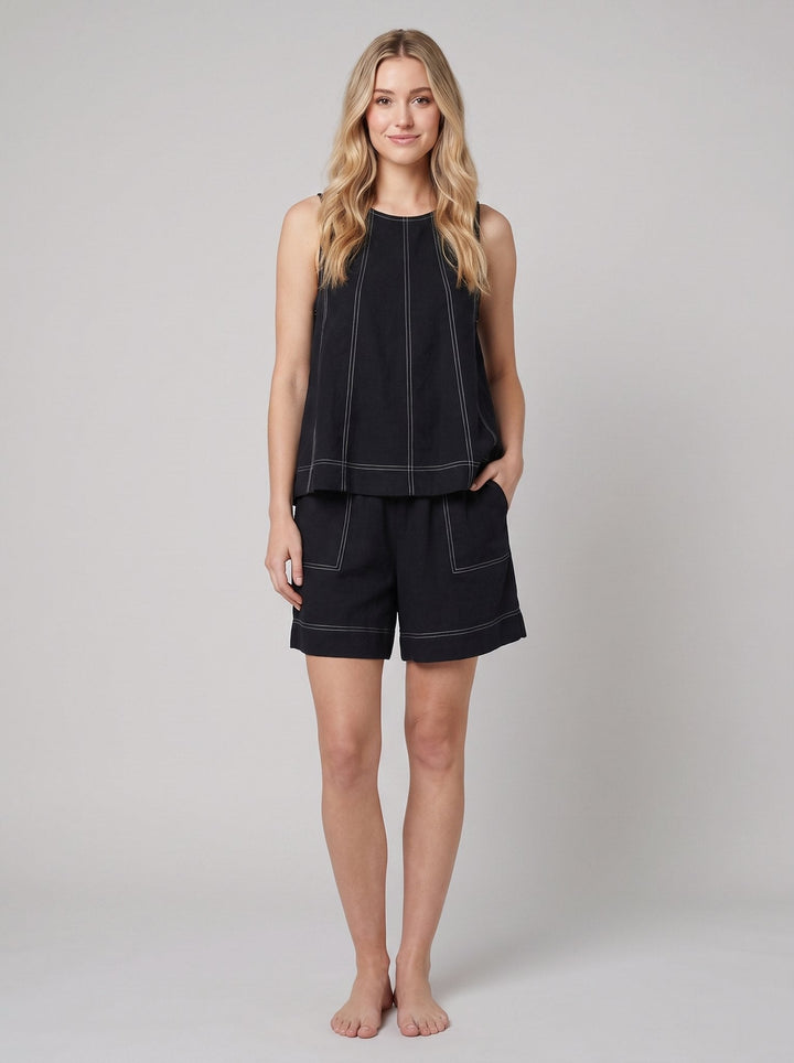 Lucia two-piece set black sleeveless tank and shorts front view