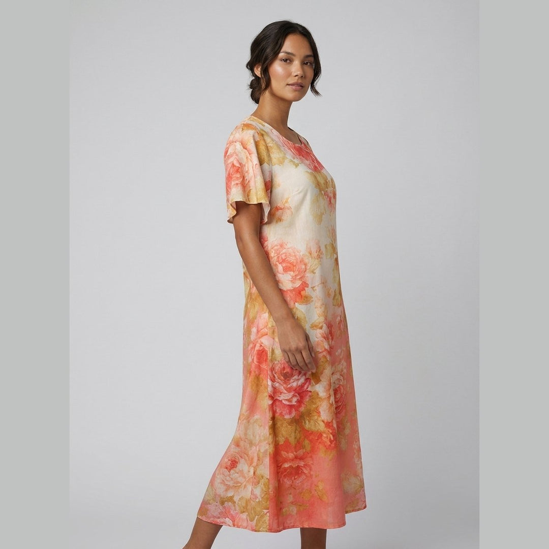 Lucienne floral midi dress orange-red side pose on model