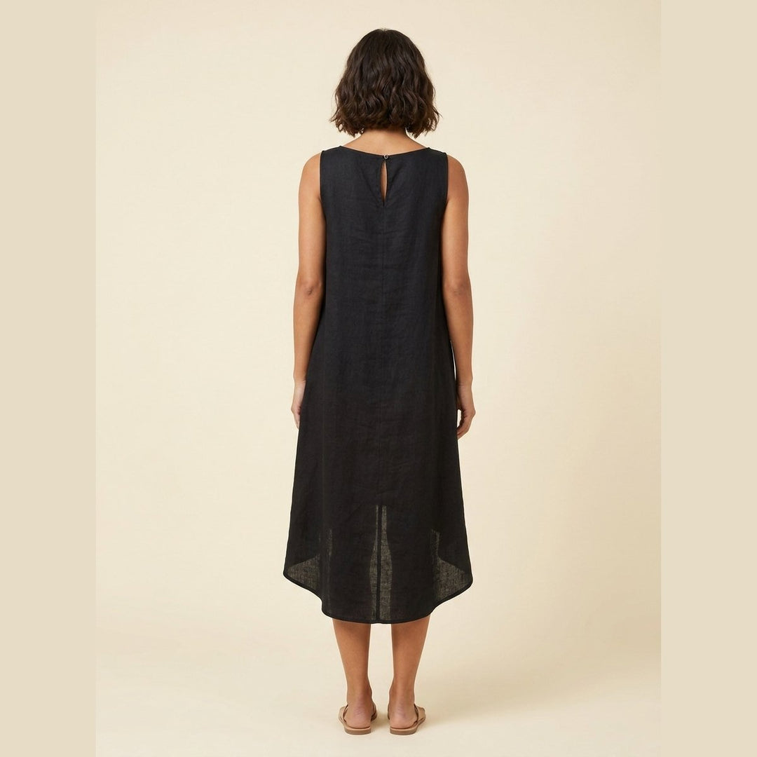 Black linen dress, back view showing the coconut button closure