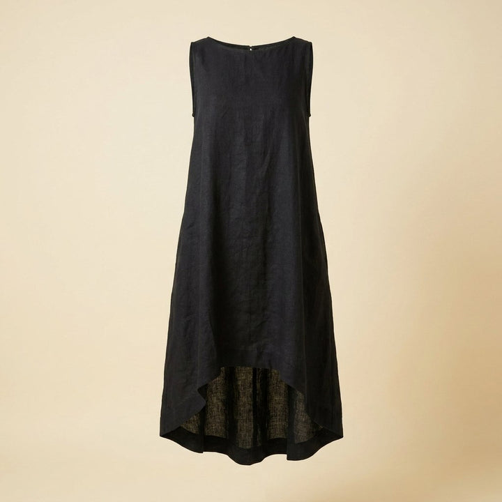 Black linen dress, flat-lay product photo