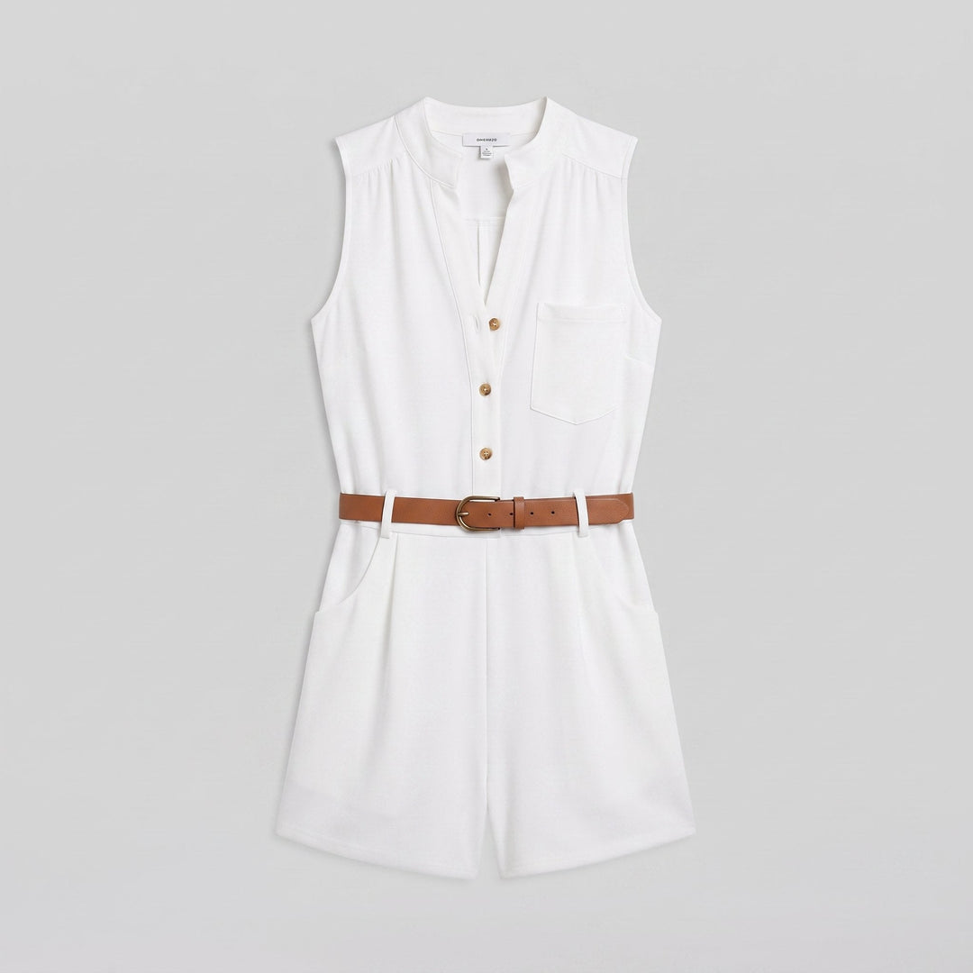 Luna belted romper flat-lay product photo