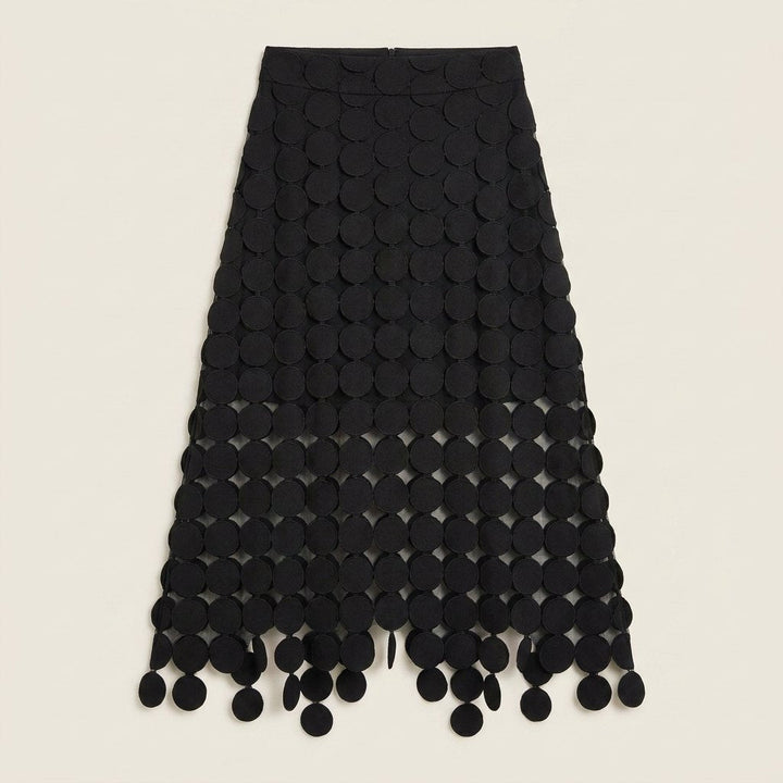 Luna black laser-cut disc midi skirt, flat lay