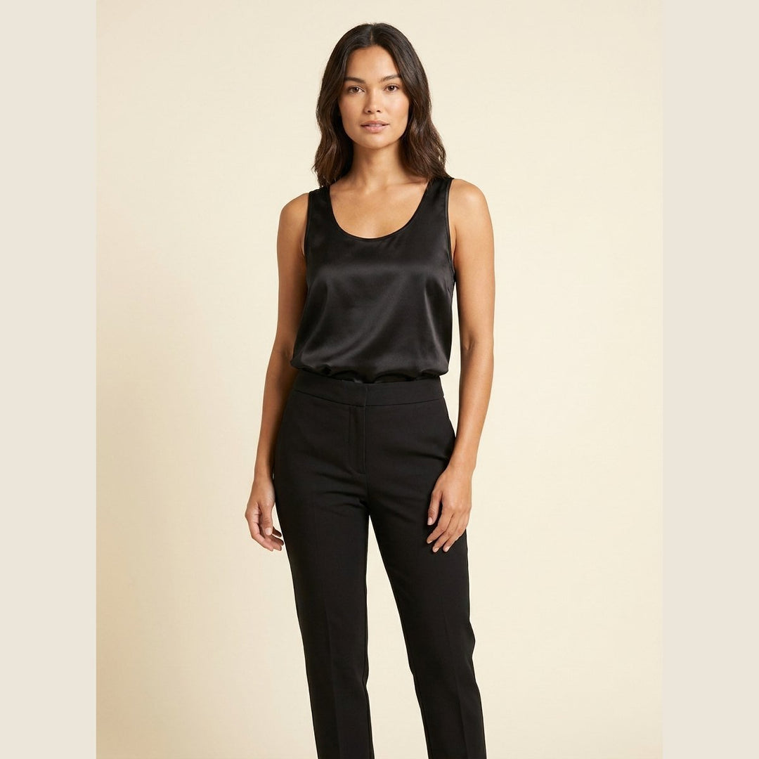 Luna black satin U-neck tank top front on model