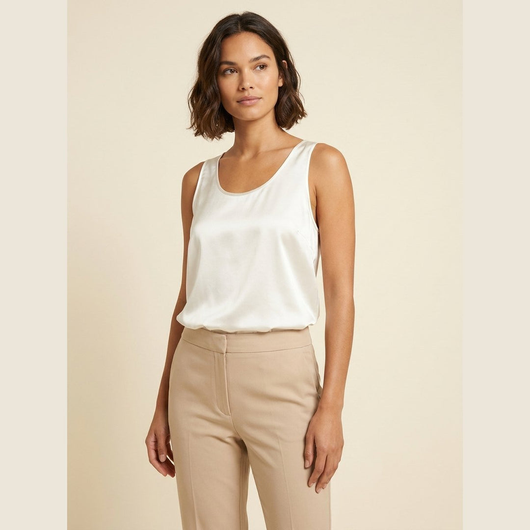 Luna ivory satin U-neck tank top front on model