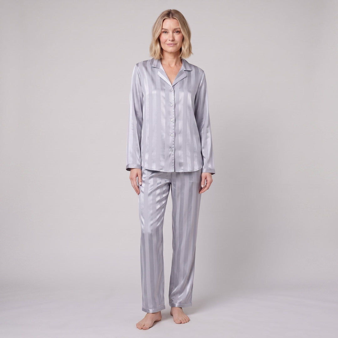 Luxe satin pajama set in silver blue, front view on model