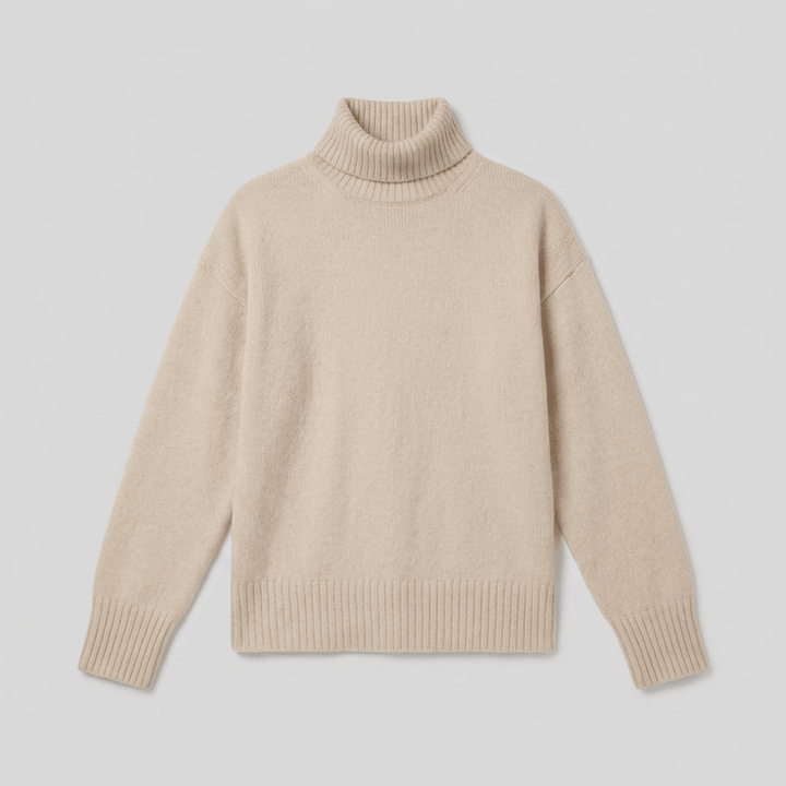 Luxe turtleneck sweater product flat-lay