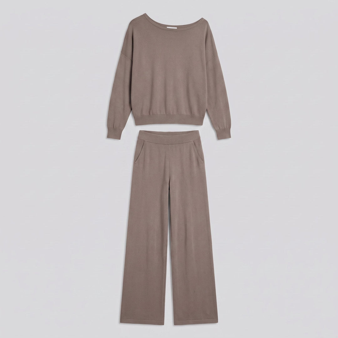 Maelle off-shoulder knit lounge set in camel, two-piece flat-lay