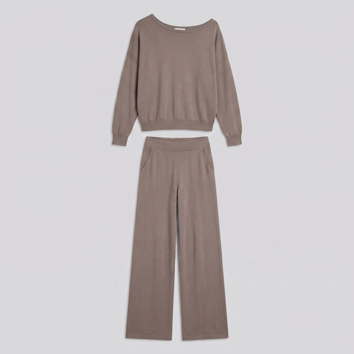 Maelle off-shoulder knit lounge set in camel, two-piece flat-lay