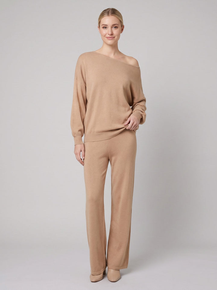 Maelle off-shoulder knit lounge set in khaki, sweater and wide-leg pants on model