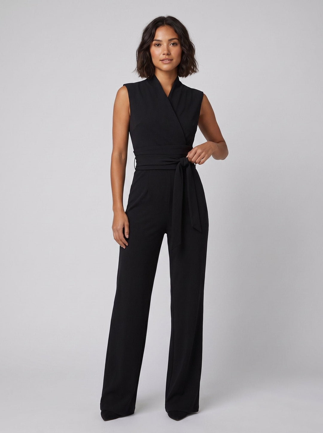 Malin Tassou chic sleeveless overall in black with wrap tie belt, on model