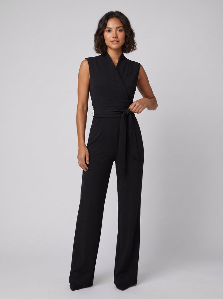 Malin Tassou chic sleeveless overall in black with wrap tie belt, on model