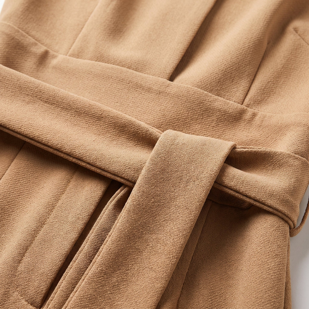 Malin Tassou overall crepe fabric close-up with tie belt detail in khaki tan