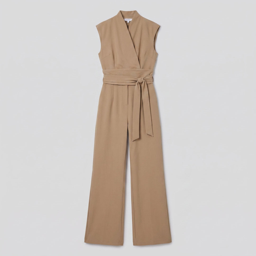 Malin Tassou chic sleeveless overall in khaki tan, flat product view