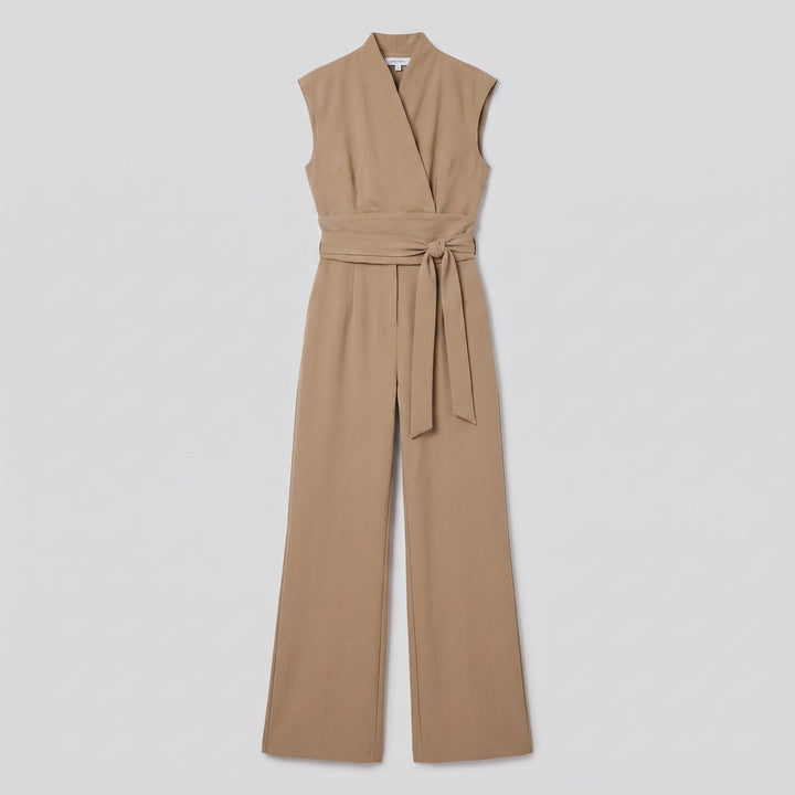 Malin Tassou chic sleeveless overall in khaki tan, flat product view