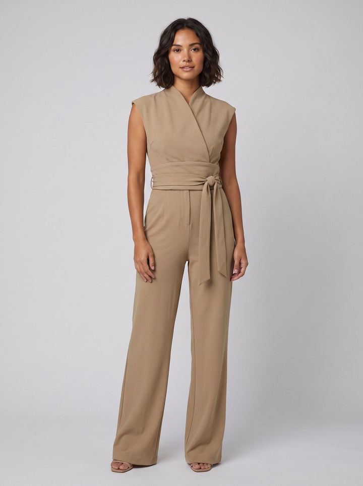 Malin Tassou chic sleeveless overall in khaki tan with wrap tie belt, front view on model