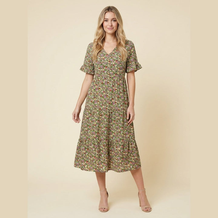 Mathilde floral midi dress green on model