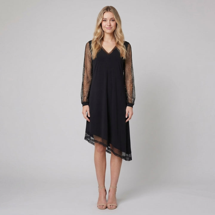 Matilda black evening dress sheer sleeves on model