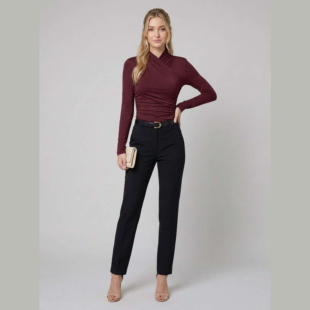 Burgundy t-shirt with pleated cross-over collar, front view on model