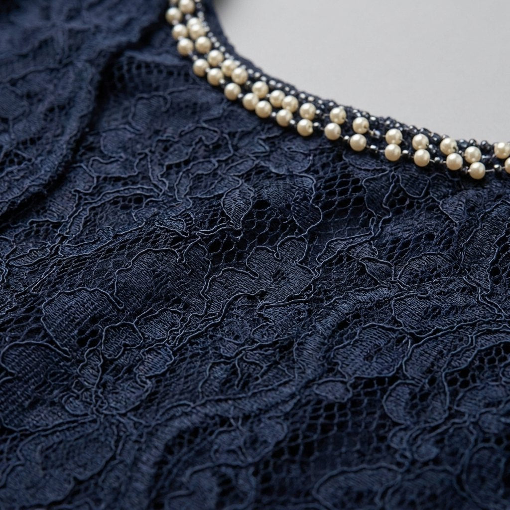 Maya navy lace fabric and pearl neckline close-up