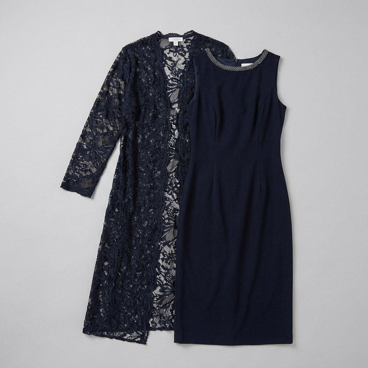 Maya navy sheath dress and lace duster flat lay
