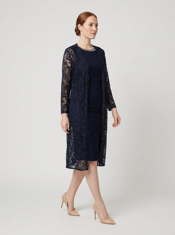 Maya navy sheath dress with lace duster, side pose