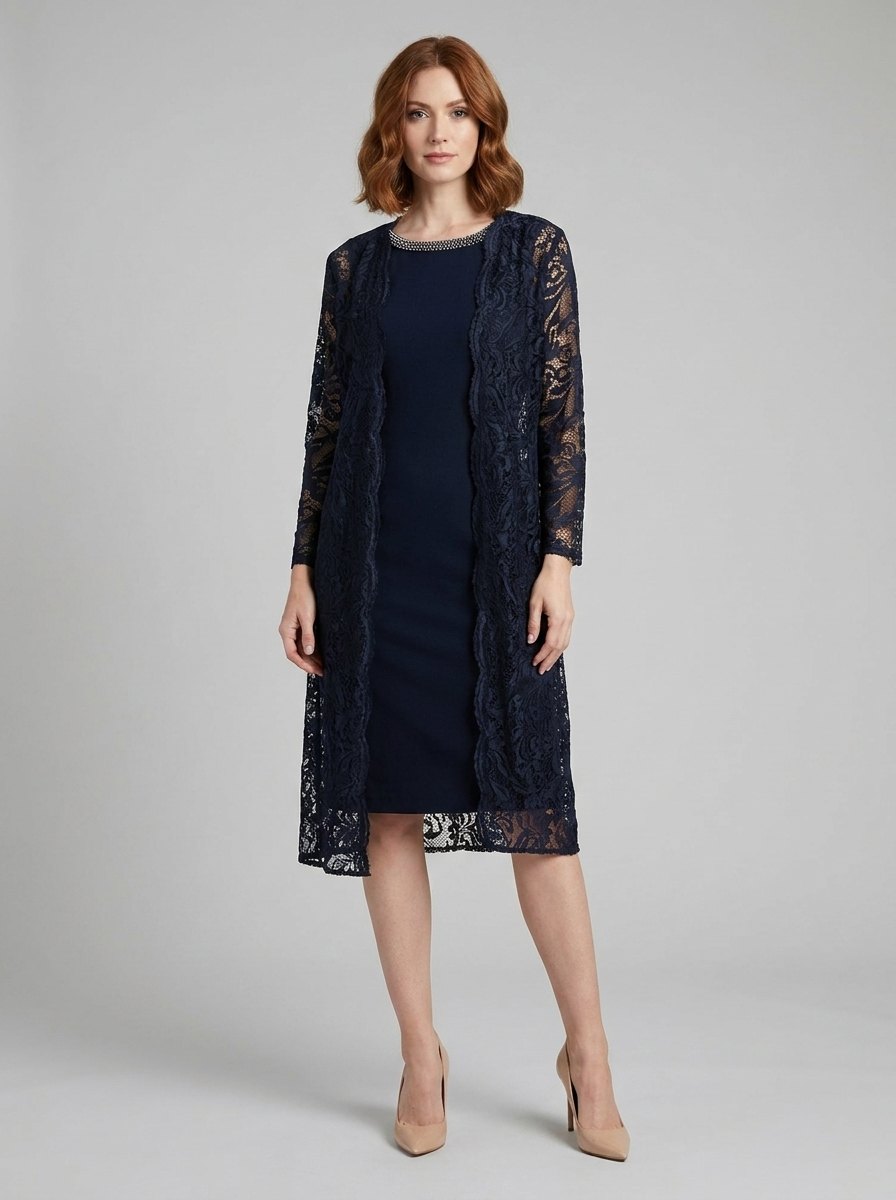 Maya navy sheath dress with lace duster jacket, front
