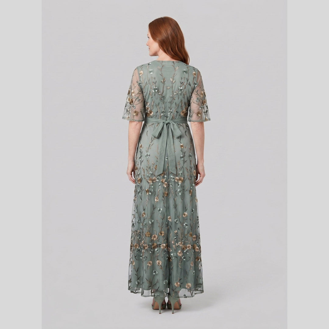 Sage green floral embroidered evening gown, back view