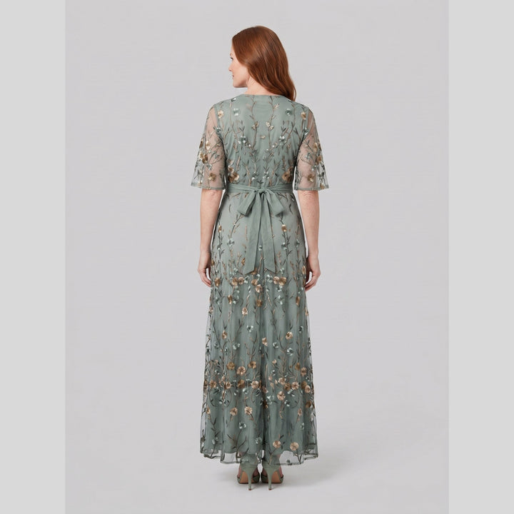 Sage green floral embroidered evening gown, back view