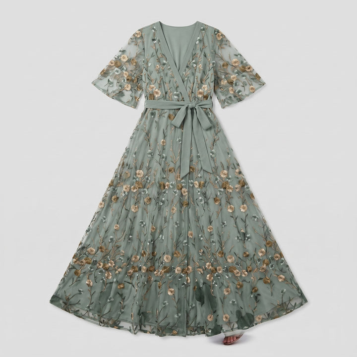 Sage green floral embroidered evening gown, flat-lay product photo