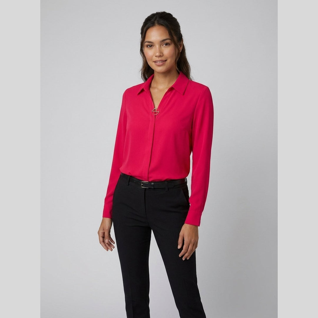 Pink-red button-front blouse, hip length, front view