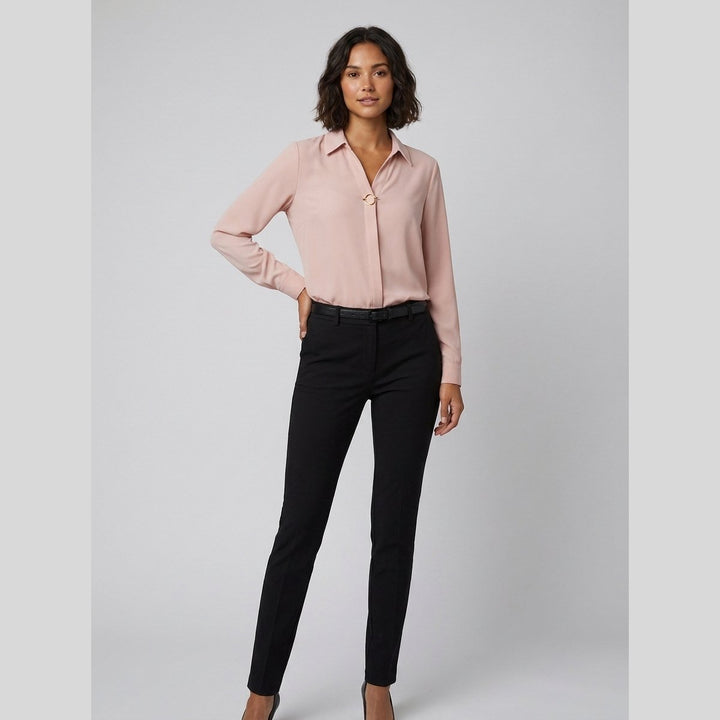 Pink button-front blouse, hip length, front view