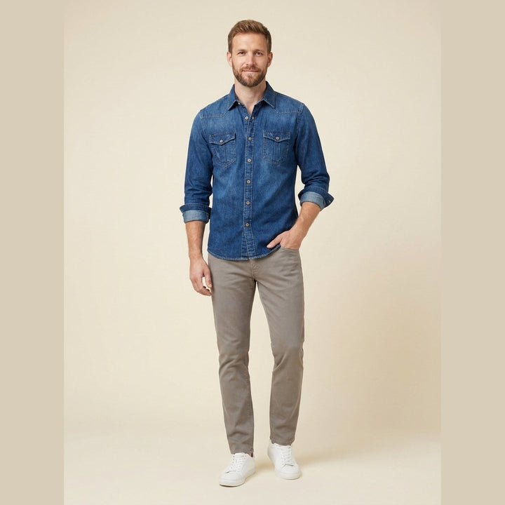 Milo classic blue organic cotton denim shirt on male model