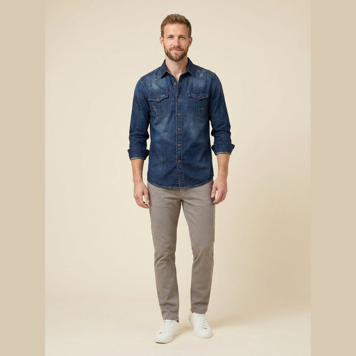Milo dark blue organic cotton denim shirt on male model
