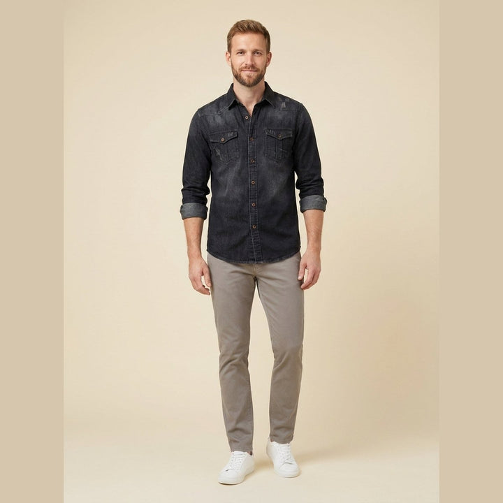 Milo obsidian black denim shirt on male model