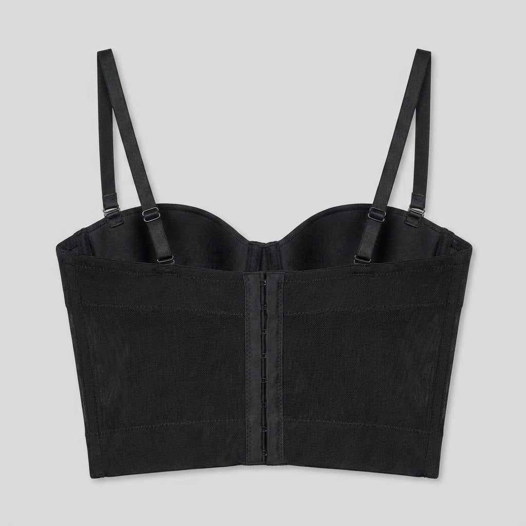 Mira mesh underwire bustier top back view with hook-and-eye closure
