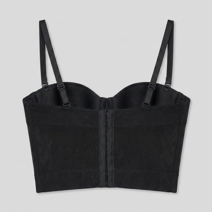 Mira mesh underwire bustier top back view with hook-and-eye closure