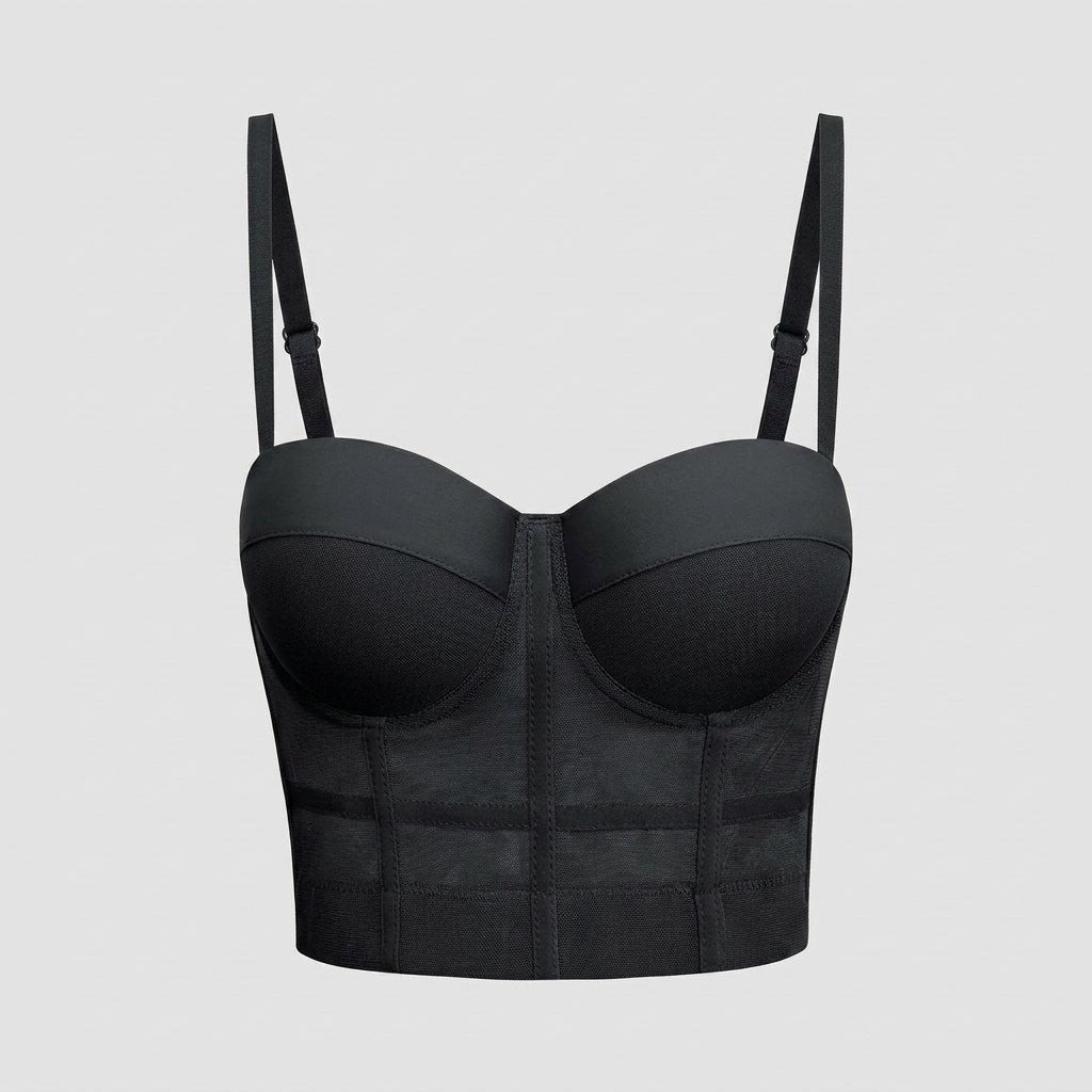 Mira mesh underwire bustier top in black - flat lay