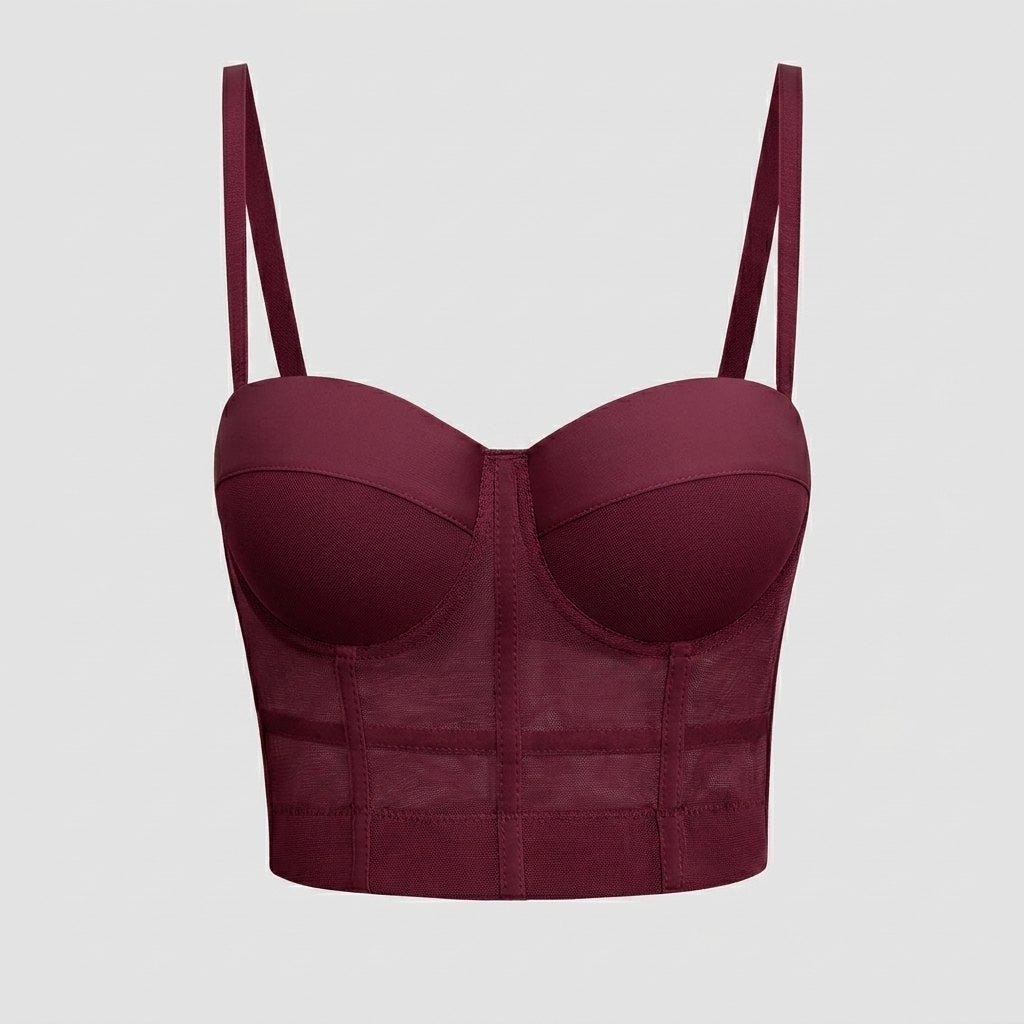 Mira mesh underwire bustier top in burgundy - flat lay