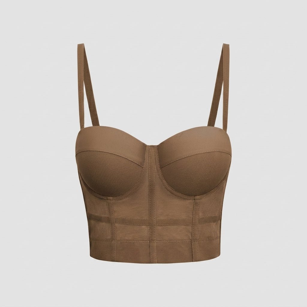 Mira mesh underwire bustier top in light brown - flat lay