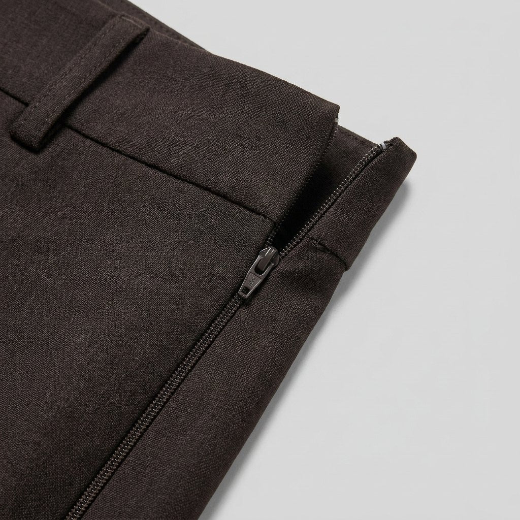 Mira espresso trouser fabric and waistband close-up