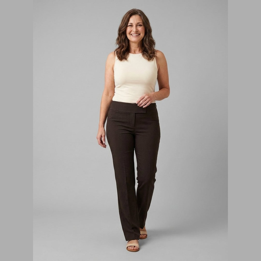 Mira espresso pants, front pose on model