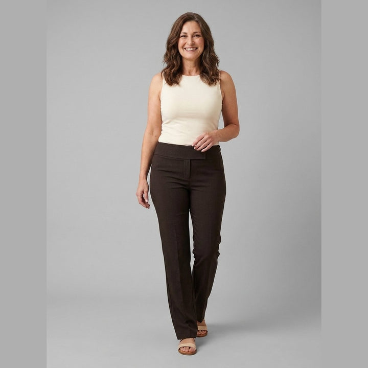 Mira espresso pants, front pose on model