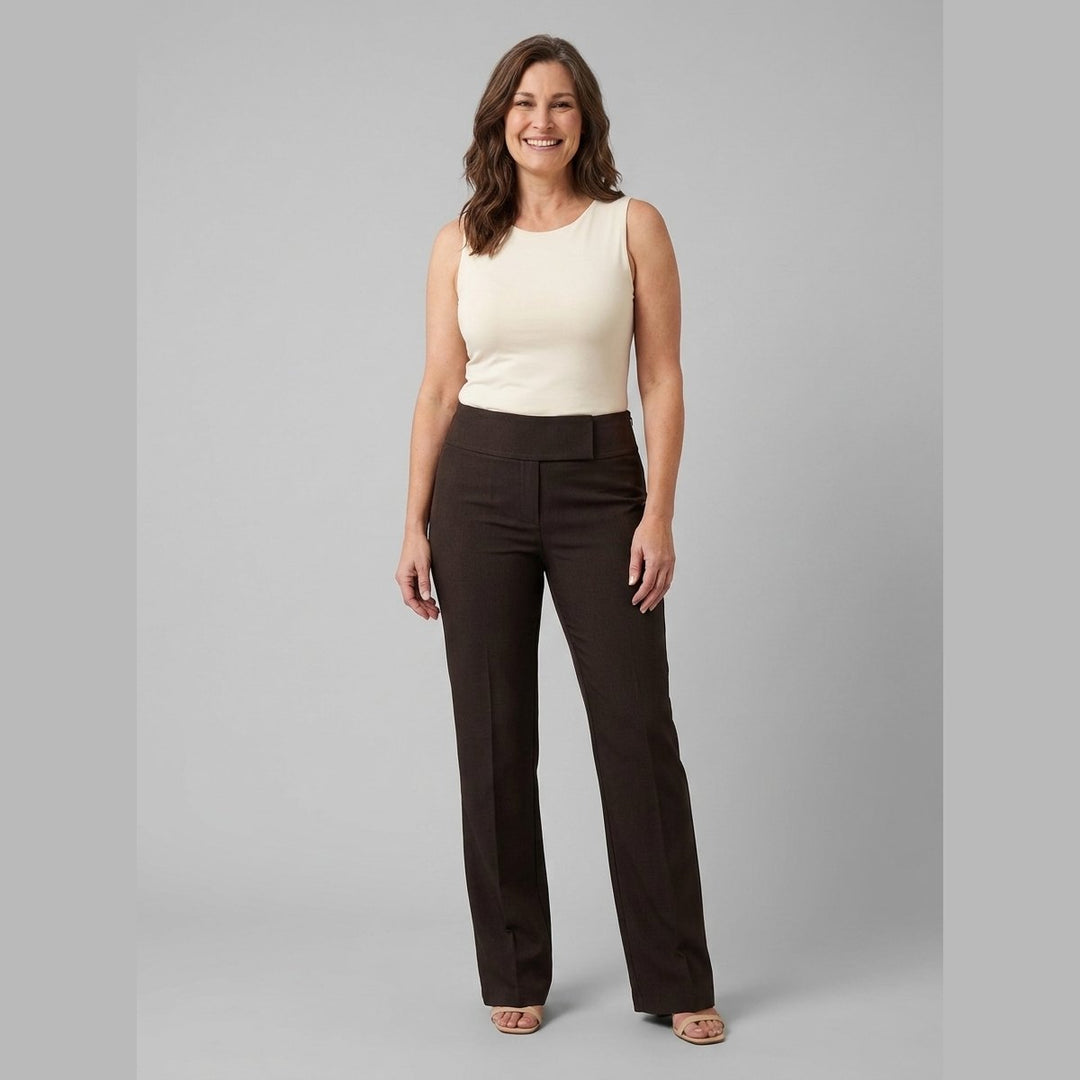 Mira espresso-brown straight-leg pants, front view on model