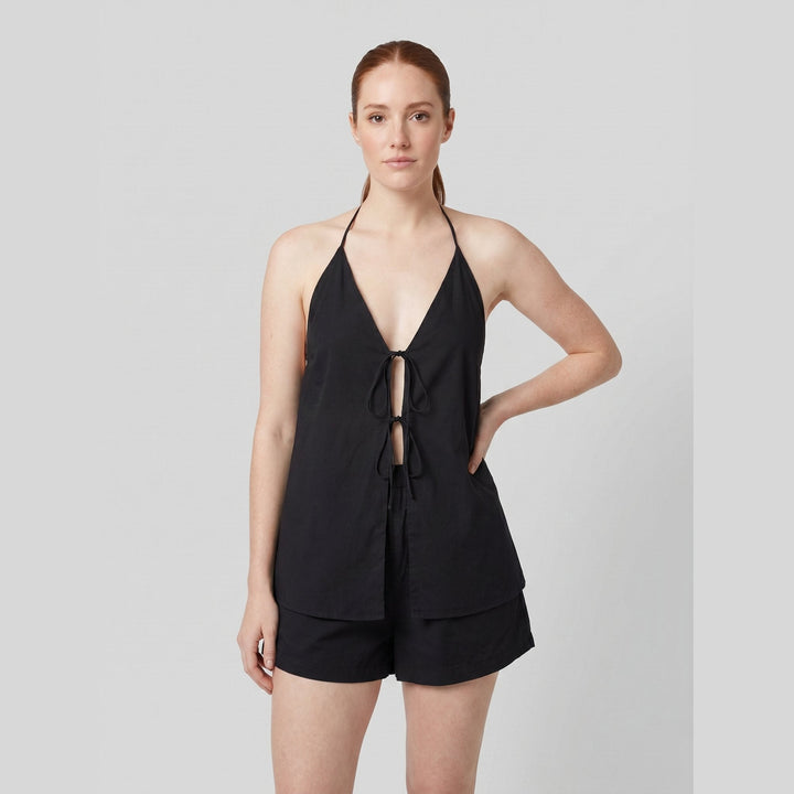Black cotton backless halter top and shorts set, front view