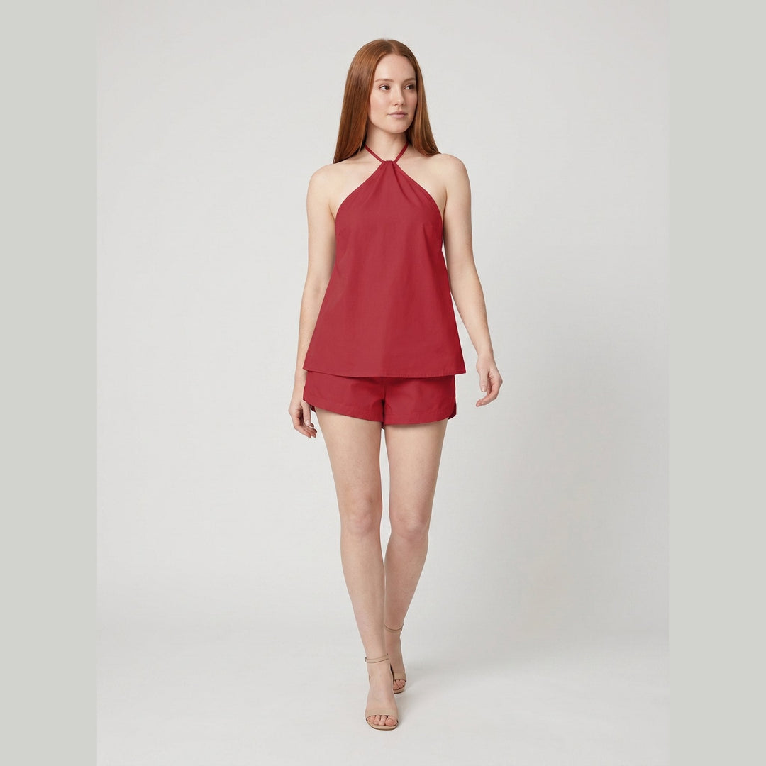 Red cotton backless halter top and shorts set, front view