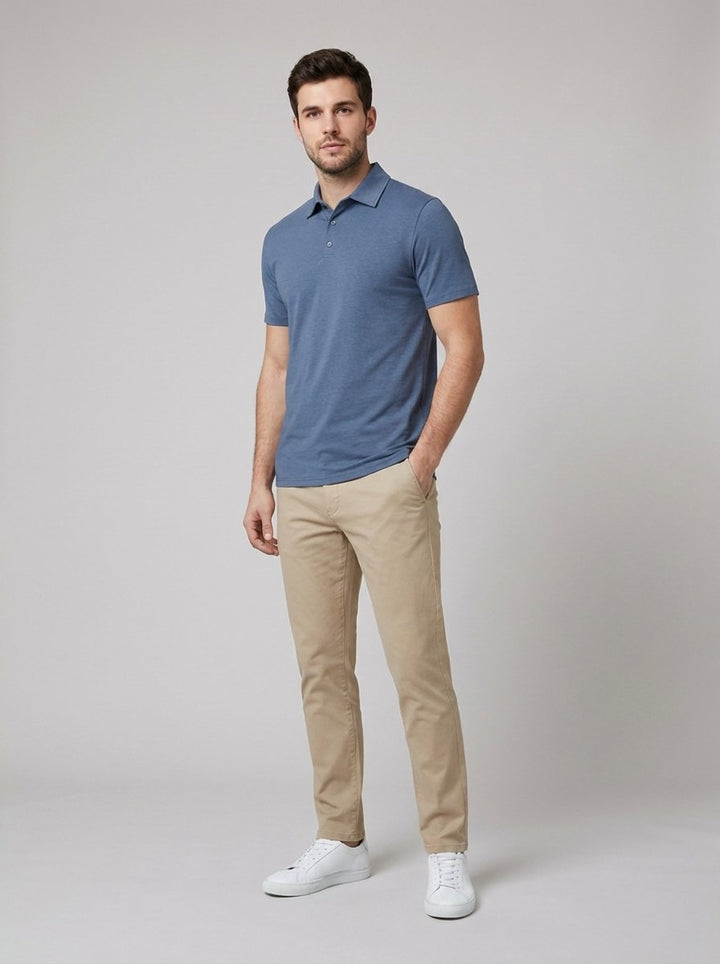 Mosaic men's slate-blue polo shirt, side pose