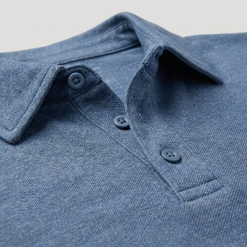 Mosaic slate-blue pique fabric and collar close-up