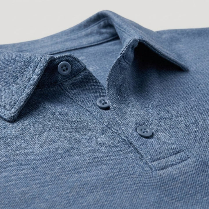 Mosaic slate-blue pique fabric and collar close-up