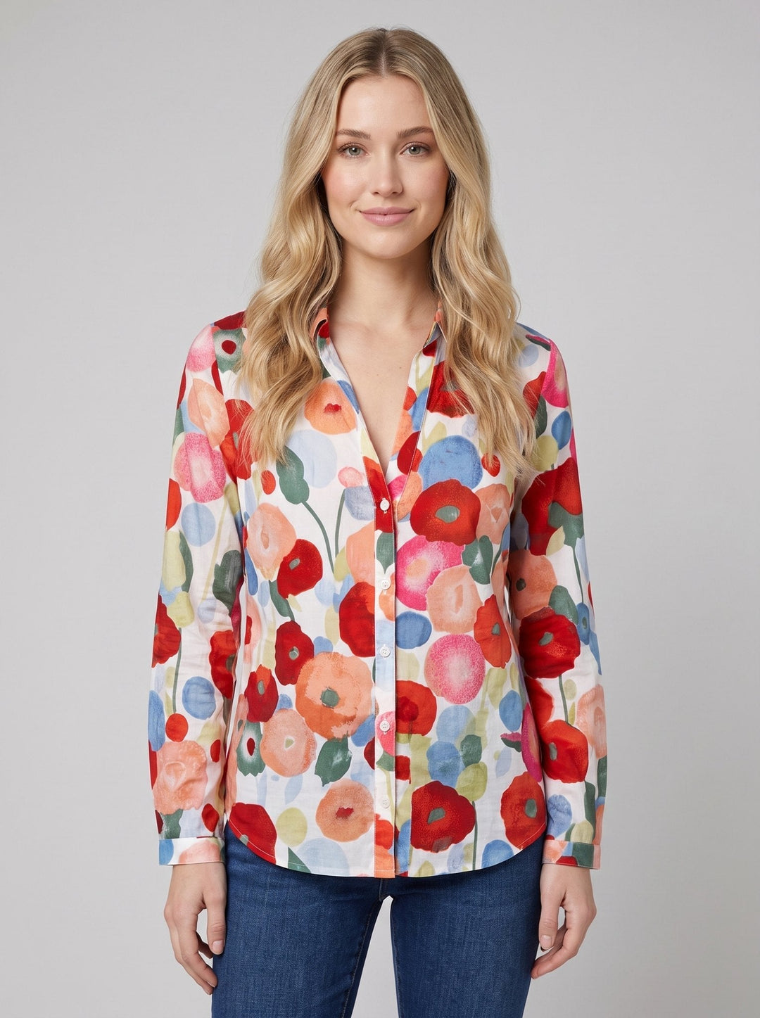 Mylene colourful watercolour floral blouse front