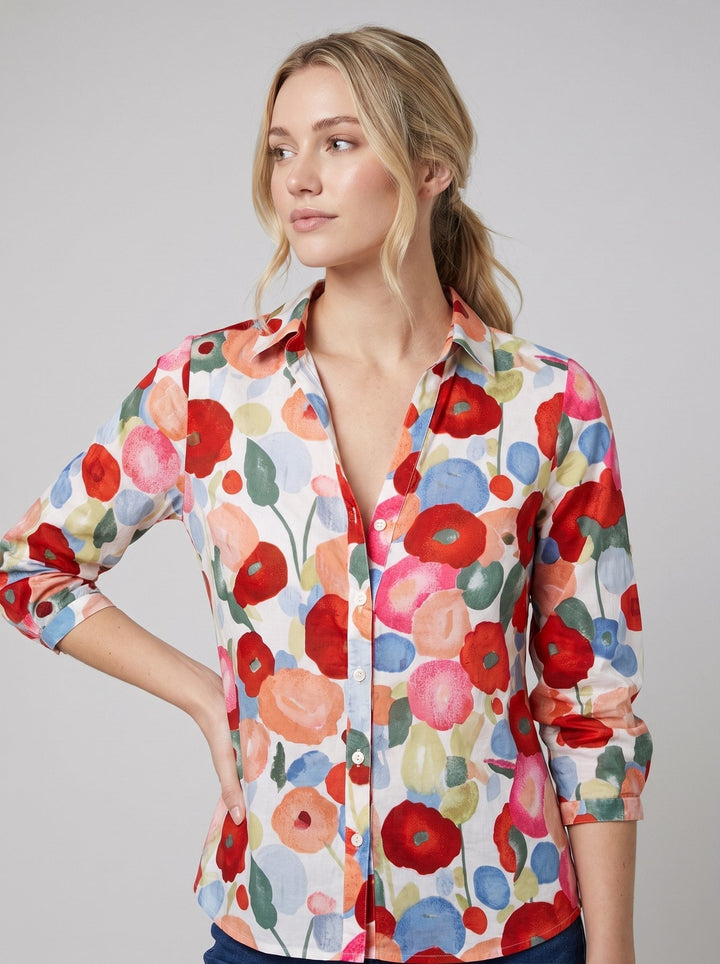 Mylene colourful floral blouse side pose